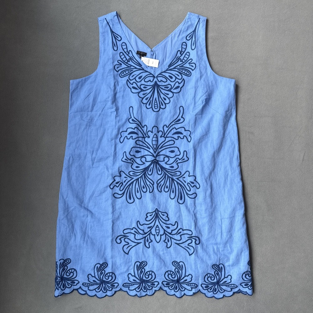 Talbots Dress Womens 16 Blue Shift Embroidered Intricate Scroll Linen Cotton NWT